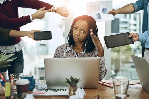 A woman surrounded by work and no room to recover